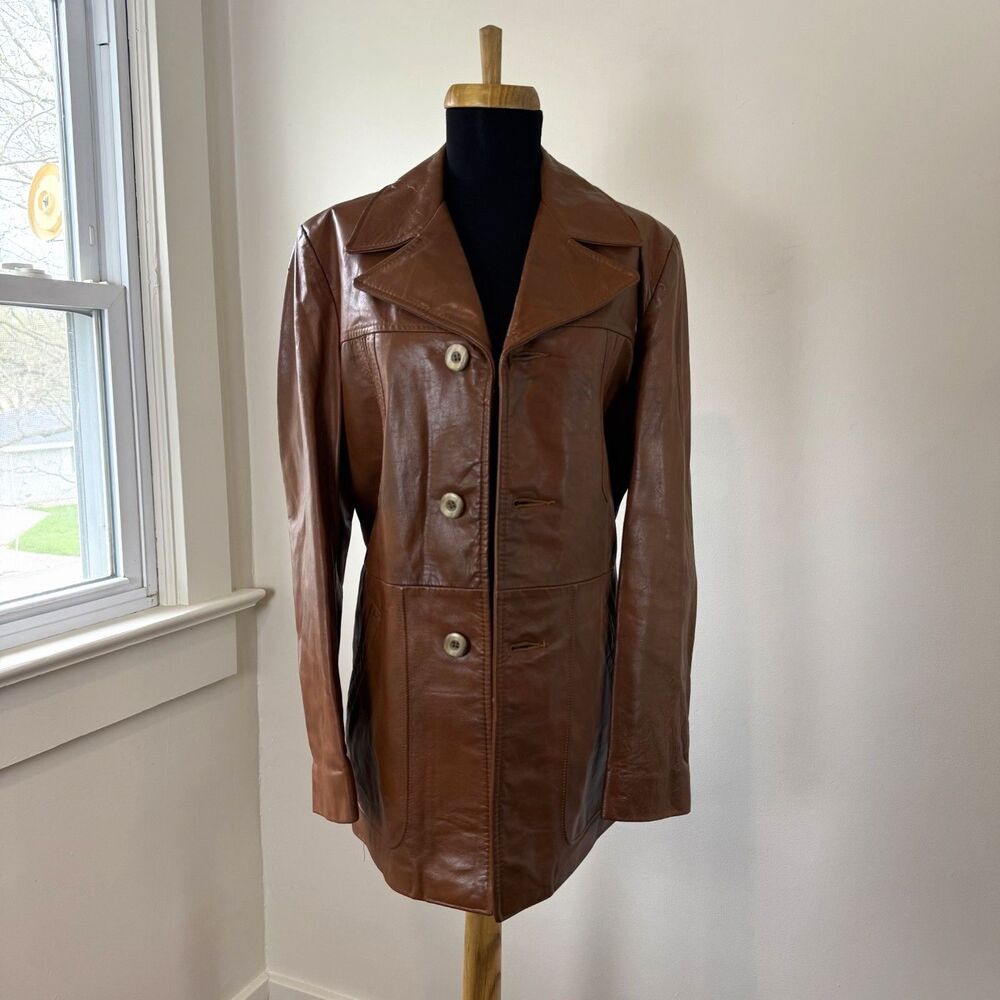 Vintage Brown Leather Jacket Wide Lapel Button Front 70s Style